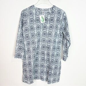 DOLMA NAVY WHITE PRINT LONG SLEEVE SHIFT DRESS TUNIC COVER UP WOMENS MEDIUM NWT